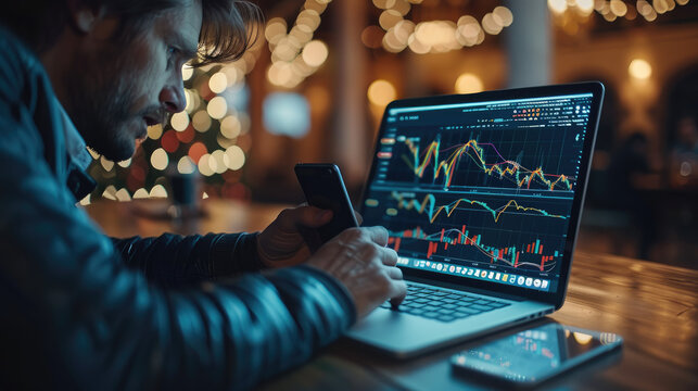 Businessman hand working on a laptop with graphic graph chart diagram, stock market on the screen, and a smartphone and notepad. Generative AI. - Powered by Adobe
