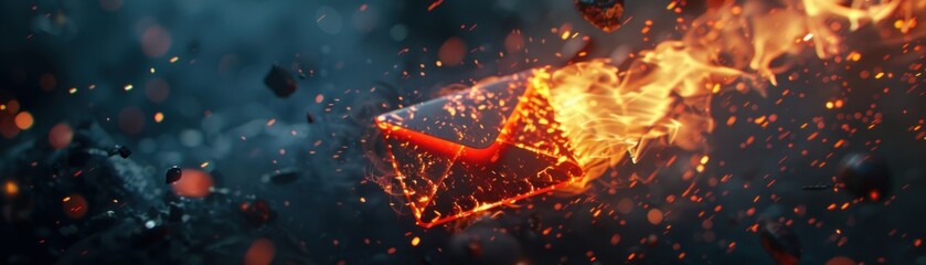 Infernal email, engulfed by fire, heat blurs lines, urgent highlighted, dark atmosphere octane render - obrazy, fototapety, plakaty