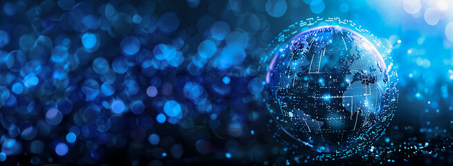 global ball on bokeh blue background. Ai technology and digital signal network on world map background. ai technology and future business concept.
