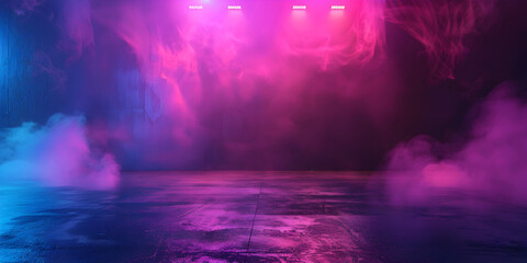 Naklejka premium Dark stage with blue, purple, pink neon lights, spotlights, and smoke. Asphalt floor in studio setting for showcasing products. 