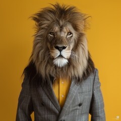 An anthropomorphic lion wearing a smart suit stands confidently against a bright yellow background. Professional photography faithfully captures the essence of this charming character.