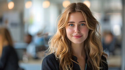 Fototapeta premium Attractive caucasian business woman, smiling, confident, looking right at the camera