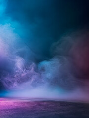 Dark stage with blue, purple, pink neon lights, spotlights, and smoke. Asphalt floor in studio setting for showcasing products.
 - obrazy, fototapety, plakaty