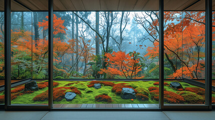 View of a Lush Japanese Garden through Sliding Glass Doors