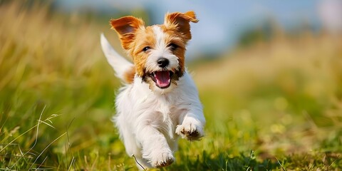 Cheerful Jack Russell Terrier frolicking in field ideal for pet care ads. Concept Pet Photography, Animal Portraits, Joyful Moments, Outdoor Fun, Enthusiastic Pets