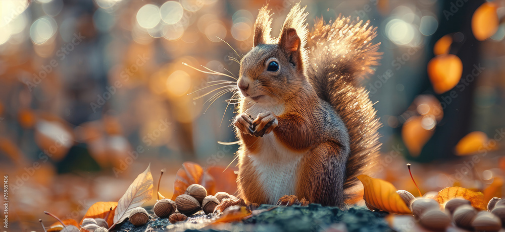 Wall mural A little squirrel holding pine nuts stands on a tree trunk. Autumn. Generative AI.