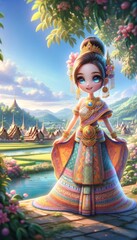 An animated girl showcases the beauty of traditional Thai attire against a backdrop of historic temples and tranquil water gardens.