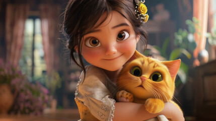 A heartwarming animated scene of a young girl with sparkling eyes tenderly hugging her orange tabby cat