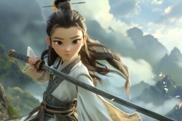 Animated female warrior poised with a sword against the backdrop of misty ancient Chinese mountains.