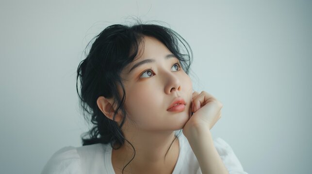 Portrait of asian woman in a thinking pose against white background.
