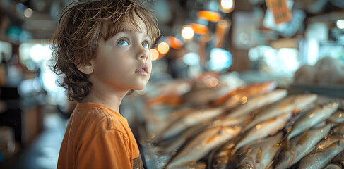 A little boy in a fish shop. Generative AI. - obrazy, fototapety, plakaty