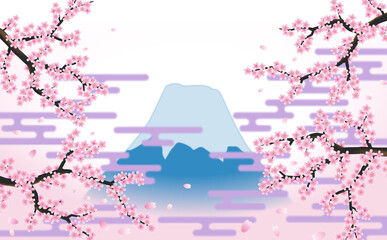 満開の桜の枝と春カスミ模様の先に富士山がある風景