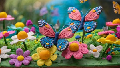 Hermosa mariposa en un jardín de flores primaverales hecho de plastilina colorida . Tema infantil
