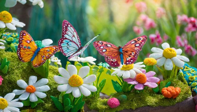 Hermosa mariposa en un jard&iacute;n de flores primaverales hecho de plastilina colorida . Tema infantil