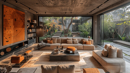 Modern Living Room with Large Windows and Garden View
