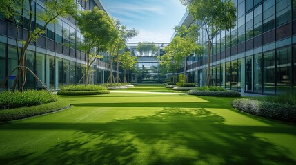 Obraz premium An outdoor lawn area within the company office complex. Generative AI.
