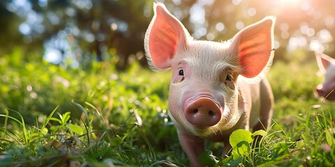 An Energetic Pig Poses Playfully in a Sunlit Meadow Full of Foliage. Concept Nature, Animals, Photography, Playful Poses, Wildlife - obrazy, fototapety, plakaty