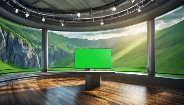 Virtual TV Studio with green Screen background, virtual studio news room, Ai Generate 