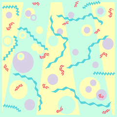 The image consists of a print in soft colors, pastels, and geometric shapes, the background is dynamic, childish, fun