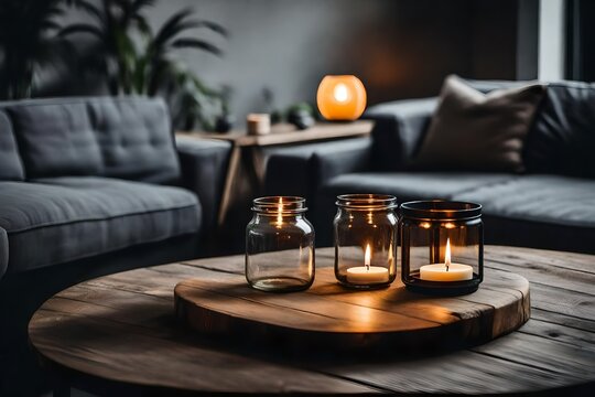 glass jar with burning candle on rustic wooden coffee table. Lamp on side table near grey sofa