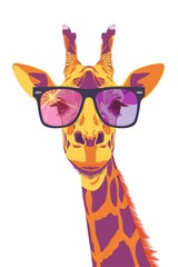 Trendy giraffe in reflective sunglasses - concept of summer vibe