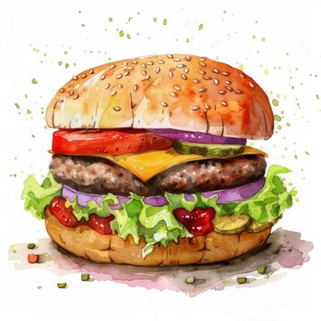 Watercolor illustration of a classic double cheeseburger with lettuce, tomato, onions, and pickles on a sesame bun, perfect for food-related content and culinary designs
