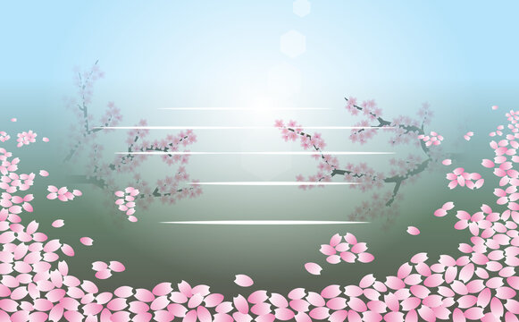 桜の木が映り込む水面に浮かぶ花筏のイラスト