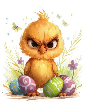 Grumpy cartoon chick with colorful Easter eggs - concept of festive humor and Easter celebrations