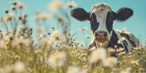 Smiling cow on sunny field with flowers against blue sky copy space. Concept Nature Photography,...