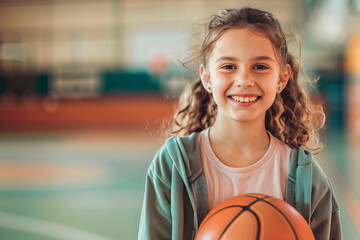 Portrait happy girl holding basketball in a school gymnasium - obrazy, fototapety, plakaty