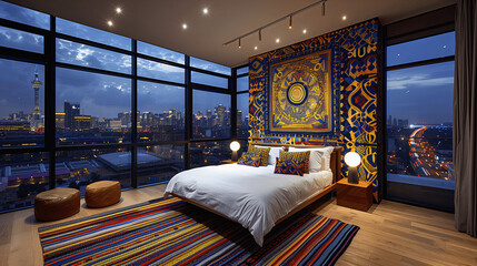 Fototapeta premium Modern Bedroom with City Skyline View at Night