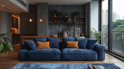 Modern Living Room with Blue Velvet Sofa and City View