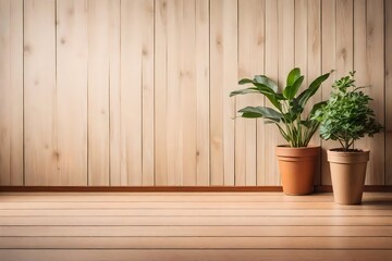 beige wall, pot with plant, wooden flooring