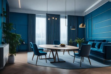 empty living room with blank blue wall, dining room with table and chairs