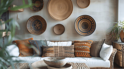 Ethnic Woven Baskets and Patterned Pillows on Bohemian Sofa - obrazy, fototapety, plakaty