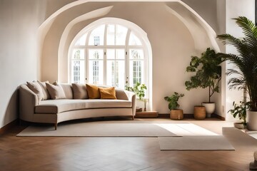 Curved sofa against arched window near beige wall