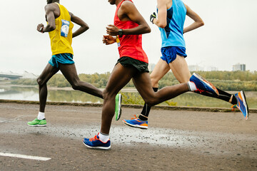 three runners dressed in bright sports clothes race along calm river, summer marathon