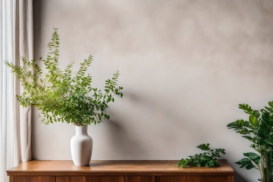 room with stucco wall and vase with branch and wooden floor