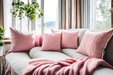 Cozy home place, pink and white pillows and blanket on sofa near window, farmhouse interior design