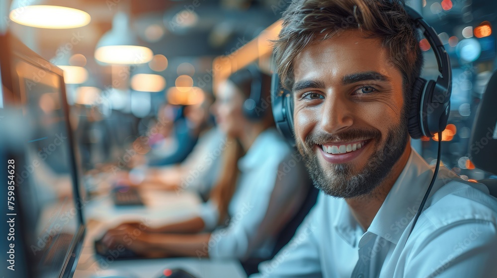 Sticker Call center tech support worker smiling on the computer. Generative AI.