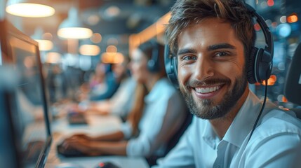 Fototapeta premium Call center tech support worker smiling on the computer. Generative AI.