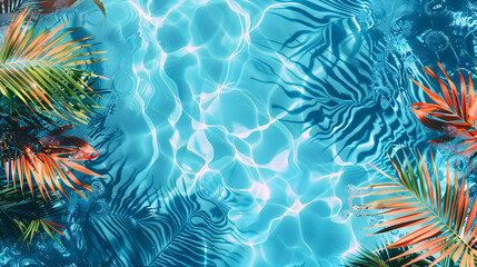 Fototapeta na wymiar Tropical Serenity: Crystal Clear Pool Water with Palm Fronds and Sunlight Reflections