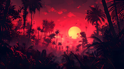 Mystical Jungle: Silhouette of Dense Tropical Foliage Against a Crimson Sunset