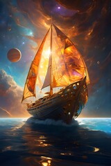 ship in the sea at night - obrazy, fototapety, plakaty