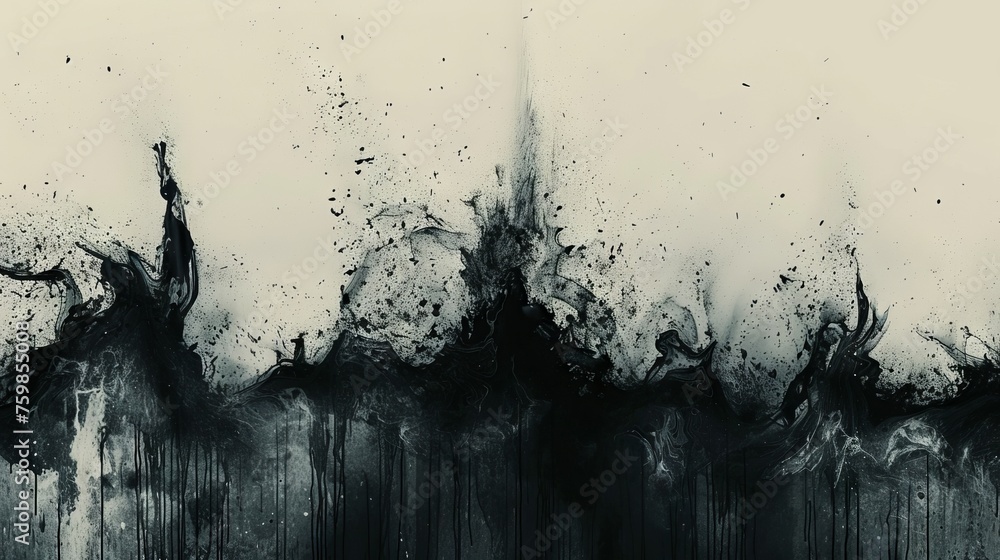 Poster a monochrome image with white lines and splashes on a black background, creating sharp contrasts and