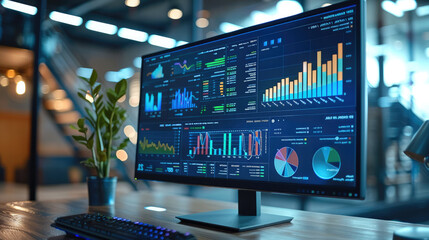 Close up view of a monitor showing an analytics dashboard. Generative AI.