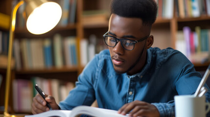 A concentrated young man in glasses is absorbed in reading a book at a desk with a lamp and a cup, with bookshelves filled with books in the background. - obrazy, fototapety, plakaty