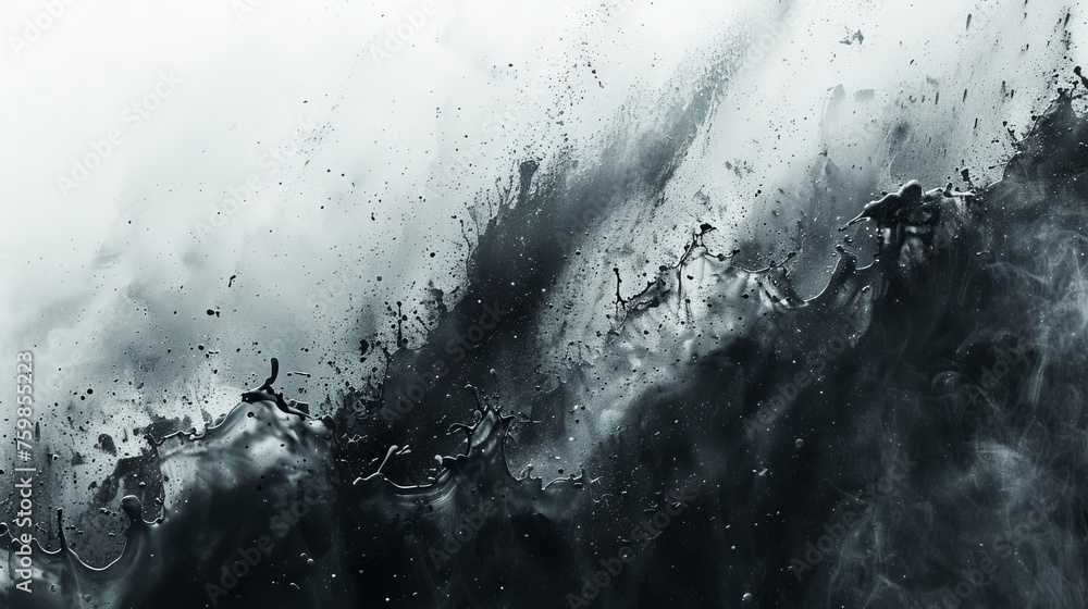 Poster a monochrome image with white lines and splashes on a black background, creating sharp contrasts and