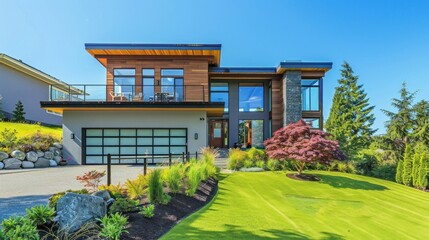 Modern minimalist house concept with green lawn and blue sky AI generated image