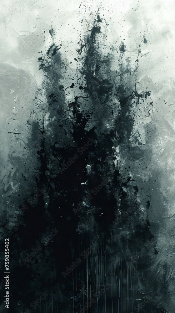 Poster a monochrome image with white lines and splashes on a black background, creating sharp contrasts and